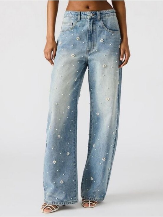 Steve Madden Denim - Fianna Barrel Leg Pearl Rhinestone Jeweled Studded Embellished Denim Jeans 27